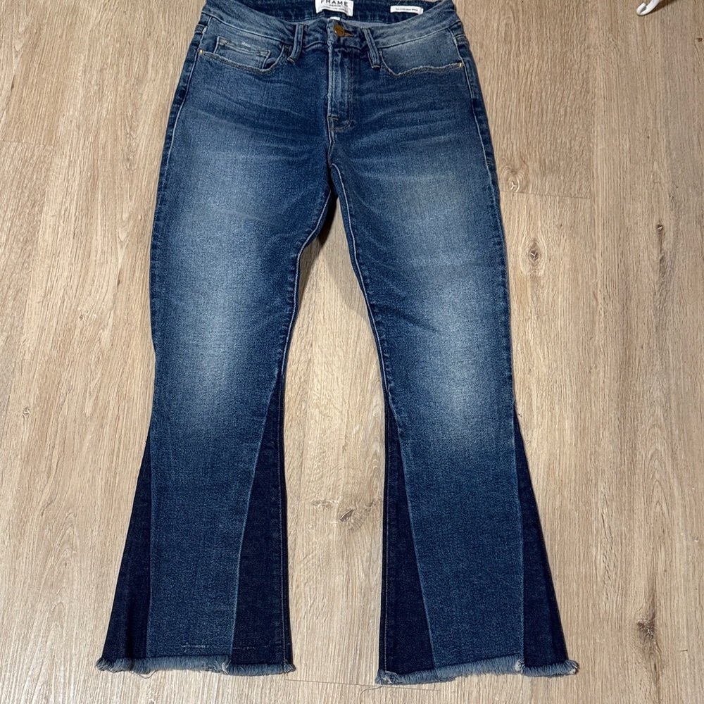 Frame Denim Two-Tone Dark and Medium Blue Flare Jeans